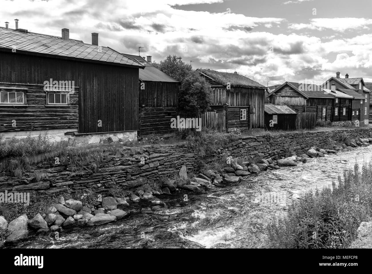 roros norway houses and river at summer Stock Photo