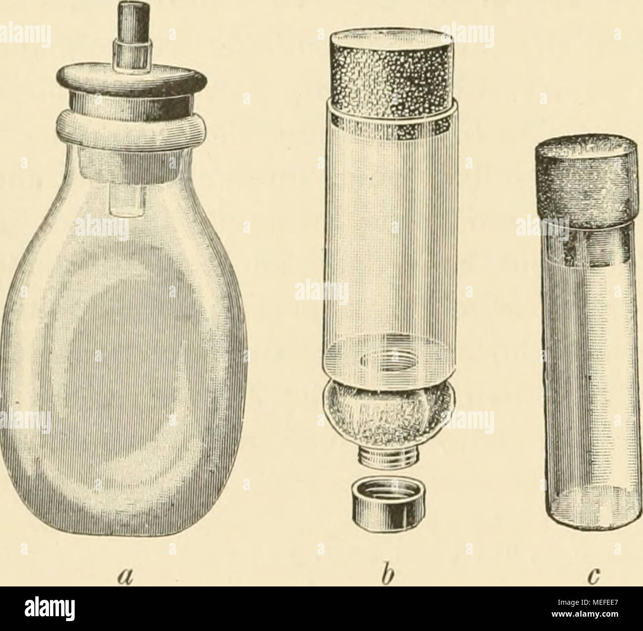 . Die forstinsekten Mitteleuropas. Ein lehr- und handbuch . Fig. 237. Verschiedene Tötungsgläser, a Tötungs- glas mit zwei flachen Seiten (zum bequemen Einstecken) zum Töten von Insekten mit Äther oder Schwefeldioxyd. Das Glas ist für Käfer usw. mit groben Sägespänen oder Papierschnitzel oder Holz- wolle etwa zur Hälfte zu füllen Das kleine Röhrchen im Kork dient zum Einwerfen kleiner Insekten, fc Tötungsglas mit Kugel. Die Kugel, die von außen zugänglich ist, wird mit Watte gefüllt, auf die Äther getropft wird. Es kann auch Zyankali mit Gips in die Kugel gegossen werden, c Präparaten- glas. ( Stock Photo