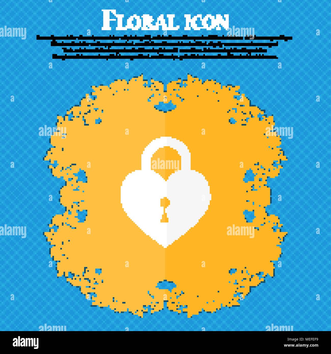 Lock in the shape of heart icon. Floral flat design on a blue abstract ...