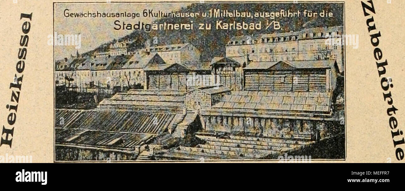 . Die Gartenkunst . GEWACHSHAUS- und WINTERGARTEN-BAUTEN sowie deren HEIZUNGEN liefern in vollendetster AusfÃ¼hrung METALL-WERKE BRUHO SCHRft/V/Y G.M.B.H. ILVERSGEHOFEN-ERFURT. Feinste Referenzen. Man verlange Prospekt J. Ingenieurbesuche u. KostenanschlÃ¤ge bereitwilligst. Wichtig fÃ¼r GÃ¤rtner und Gartenbesitzerf MOOrOrdB ^r Rhododendron, Azaleen, Erika u. dergl. lUfnniÂ» Tnt*fmn11 wichtigstes Mittel zur Bodenverbesserung fÃ¼r alle IVlUUl'^lUllmUll, Gartenkulturen! VersandgeschÃ¤ft: J. Kastner, Landstuhl i. Pf. â Lieferant sÃ¤mtlicher Hof- und StadtgÃ¤rtnereien Stlddeutschlands. â Preise b Stock Photo