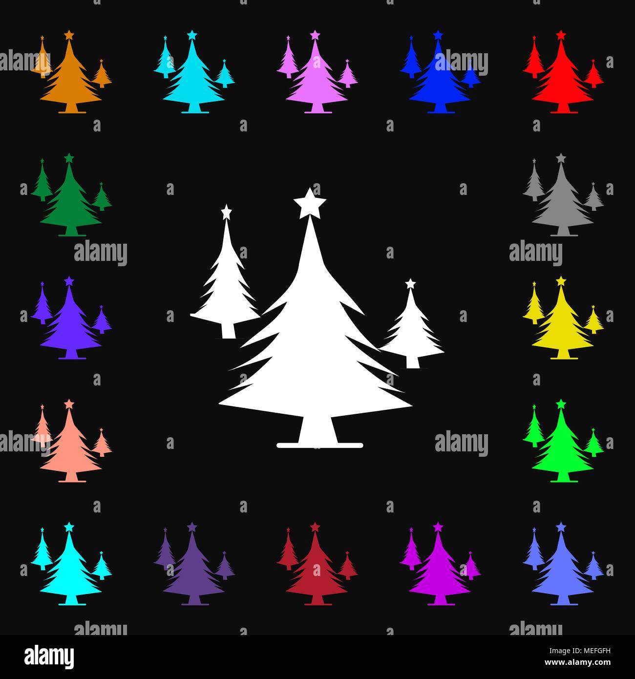coniferous forest, tree, fir-tree icon sign. Lots of colorful symbols ...