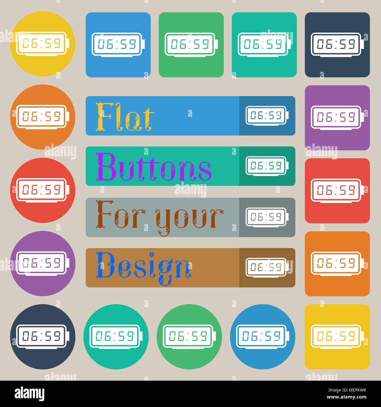 alarm clock icon sign. Set of twenty colored flat, round, square and ...