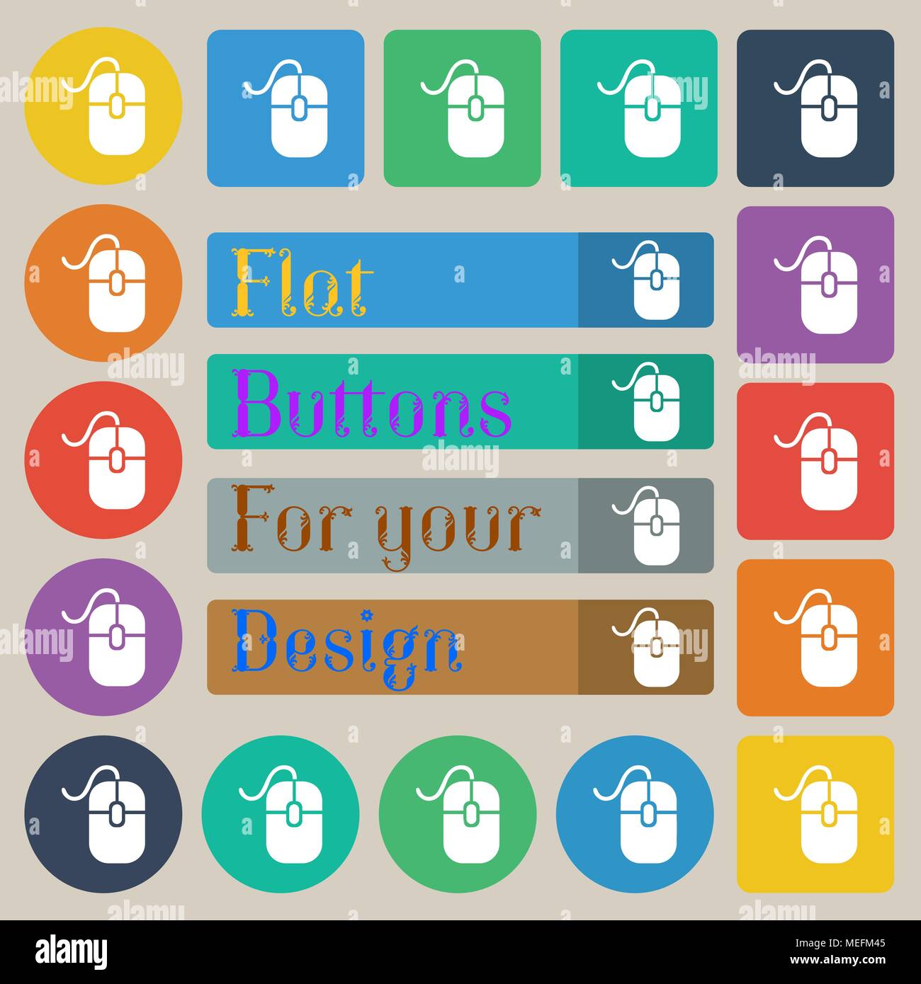 Computer mouse icon sign. Set of twenty colored flat, round, square and rectangular buttons. Vector illustration Stock Vector