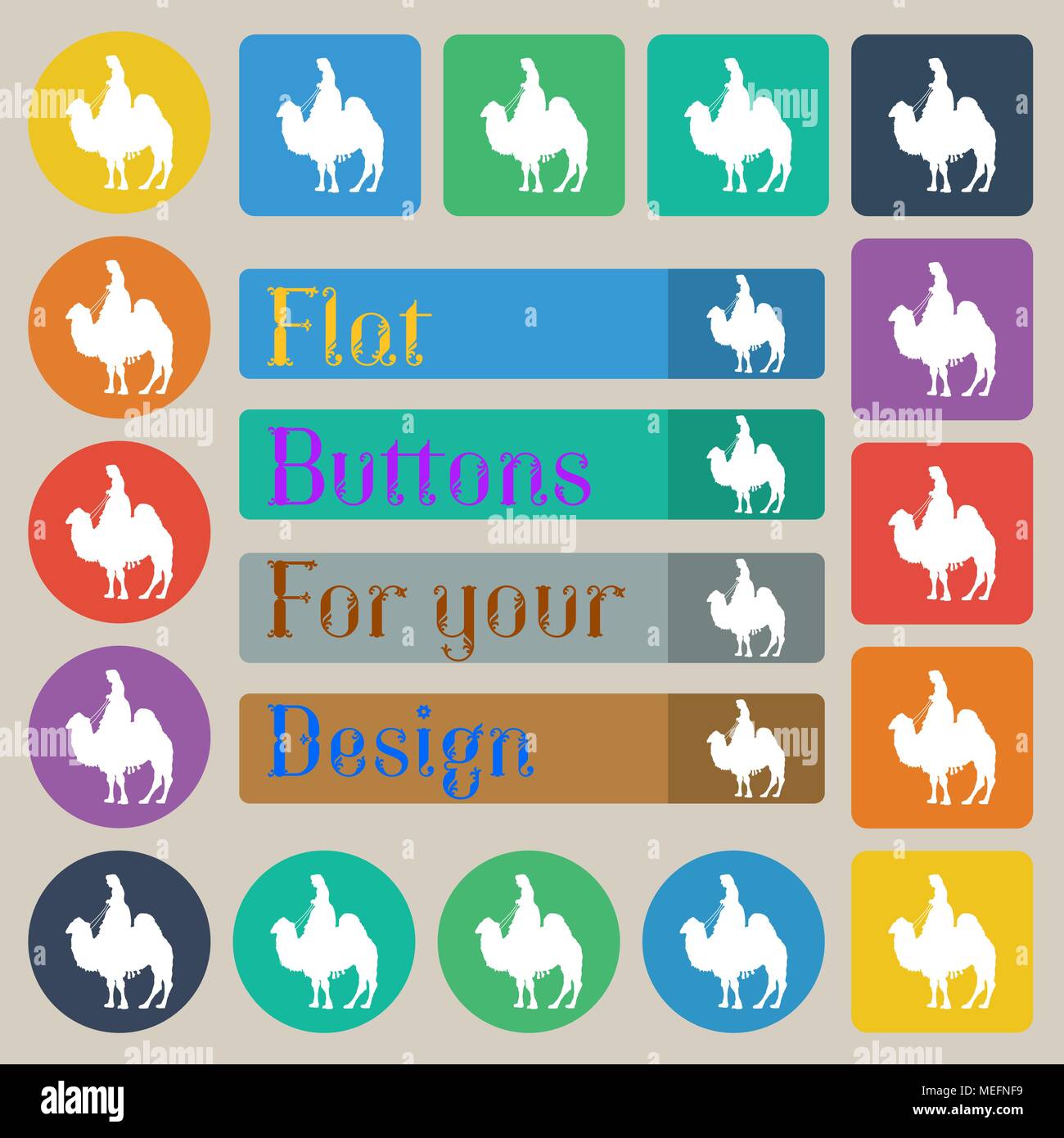 Camel icon sign. Set of twenty colored flat, round, square and ...