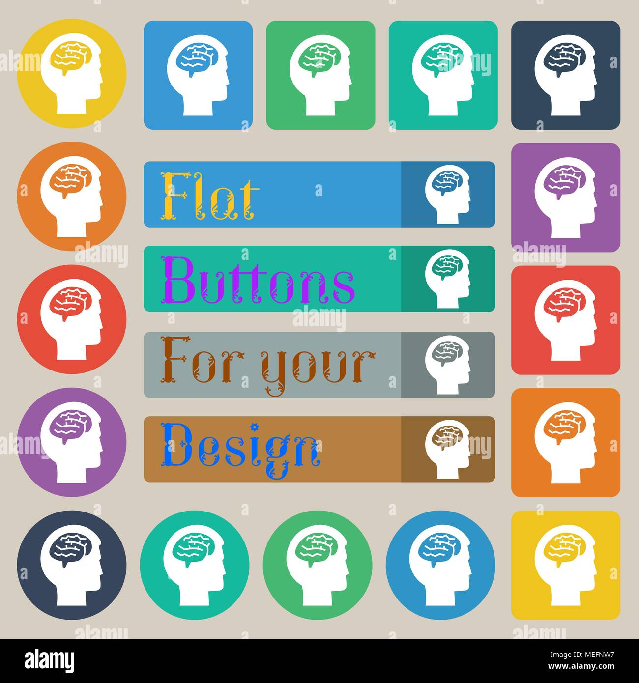 Brain icon sign. Set of twenty colored flat, round, square and ...