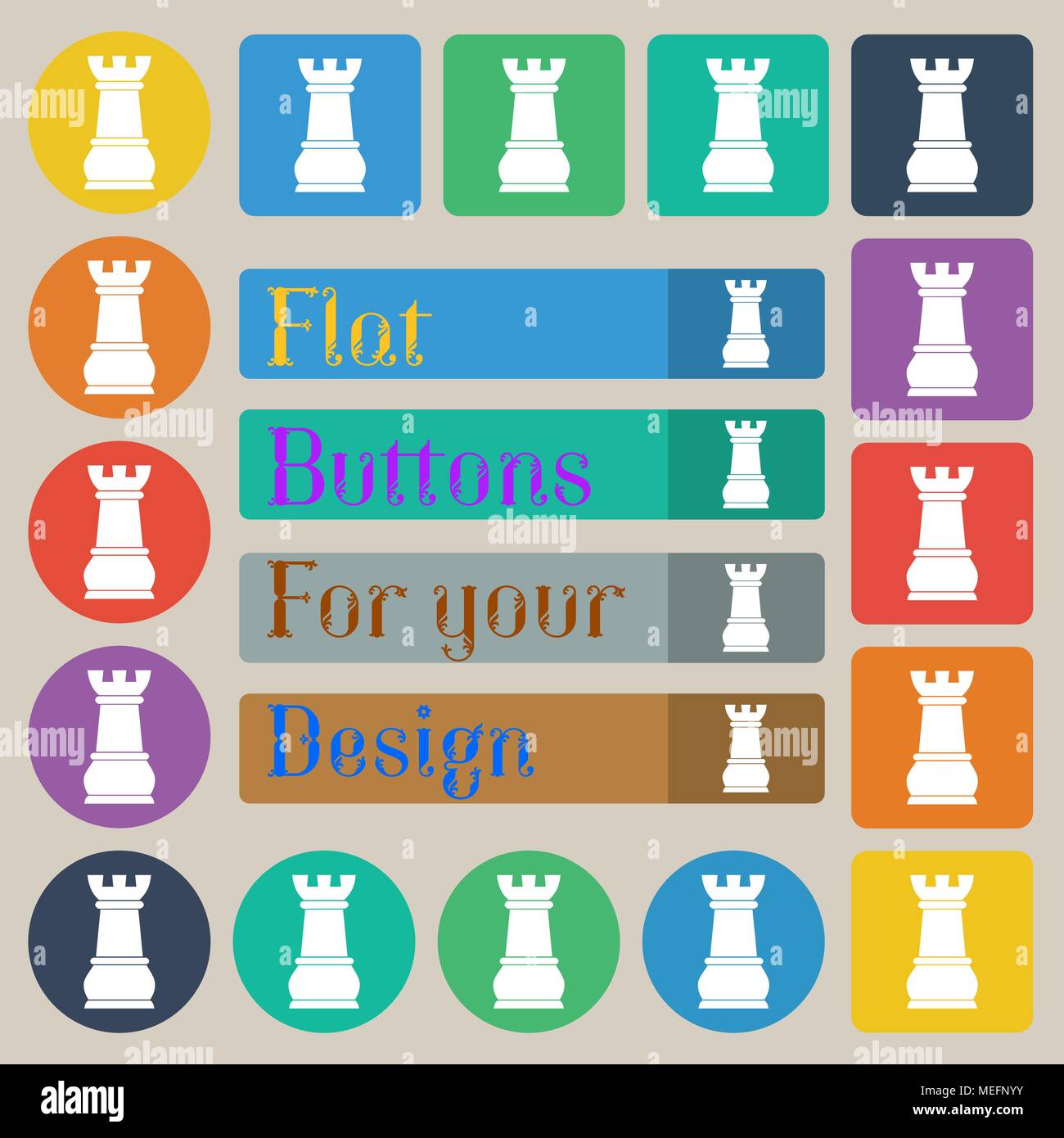 Chess Rook icon sign. Set of twenty colored flat, round, square and ...