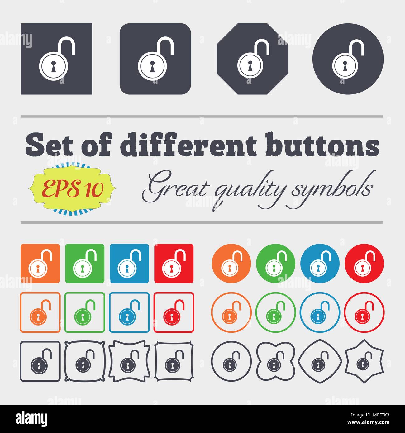 open lock icon sign. Big set of colorful, diverse, high-quality buttons ...