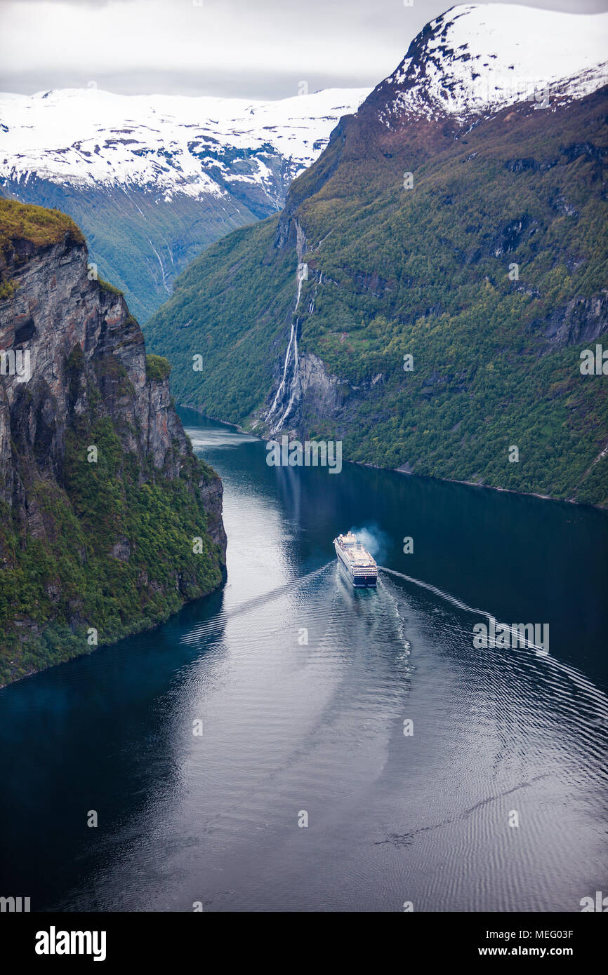 Geiranger fjord, waterfall Seven Sisters. It is a 15-kilometre (9.3 mi) long branch off of the Sunnylvsfjorden, which is a branch off of the Storfjord Stock Photo