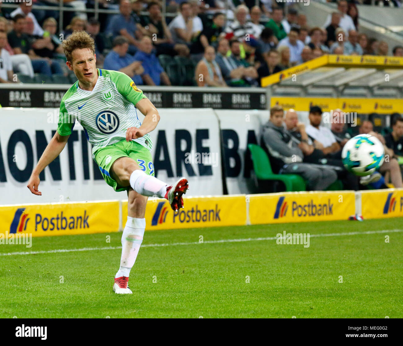 sports,football,Bundesliga,2017/2018,Borussia Moenchengladbach vs VfL Wolfsburg 3:0,Stadium Borussia Park,scene of the match,Paul Jaeckel (Wolfsburg) Stock Photo