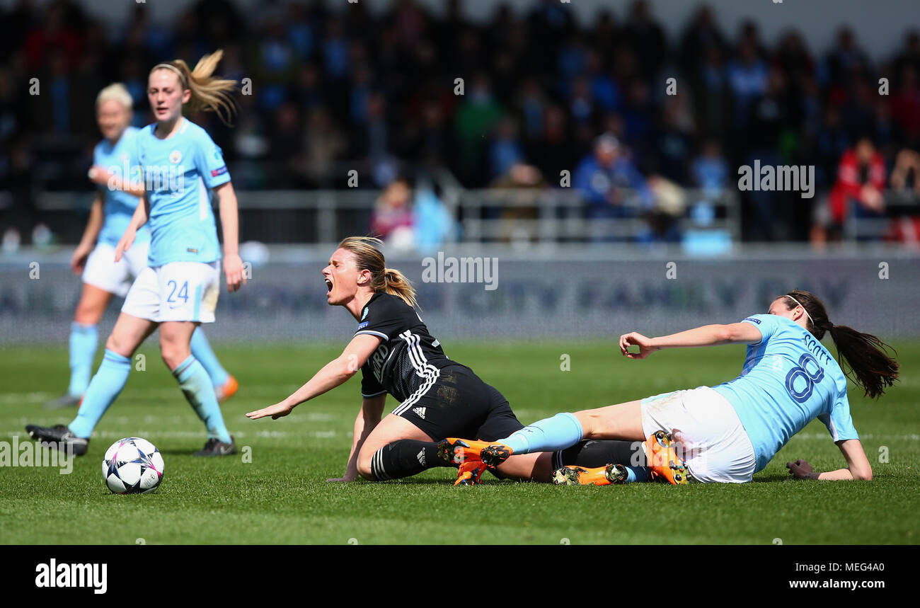 Manchester City Womens' Jill Scott fouls Lyon's Amandine Henry during