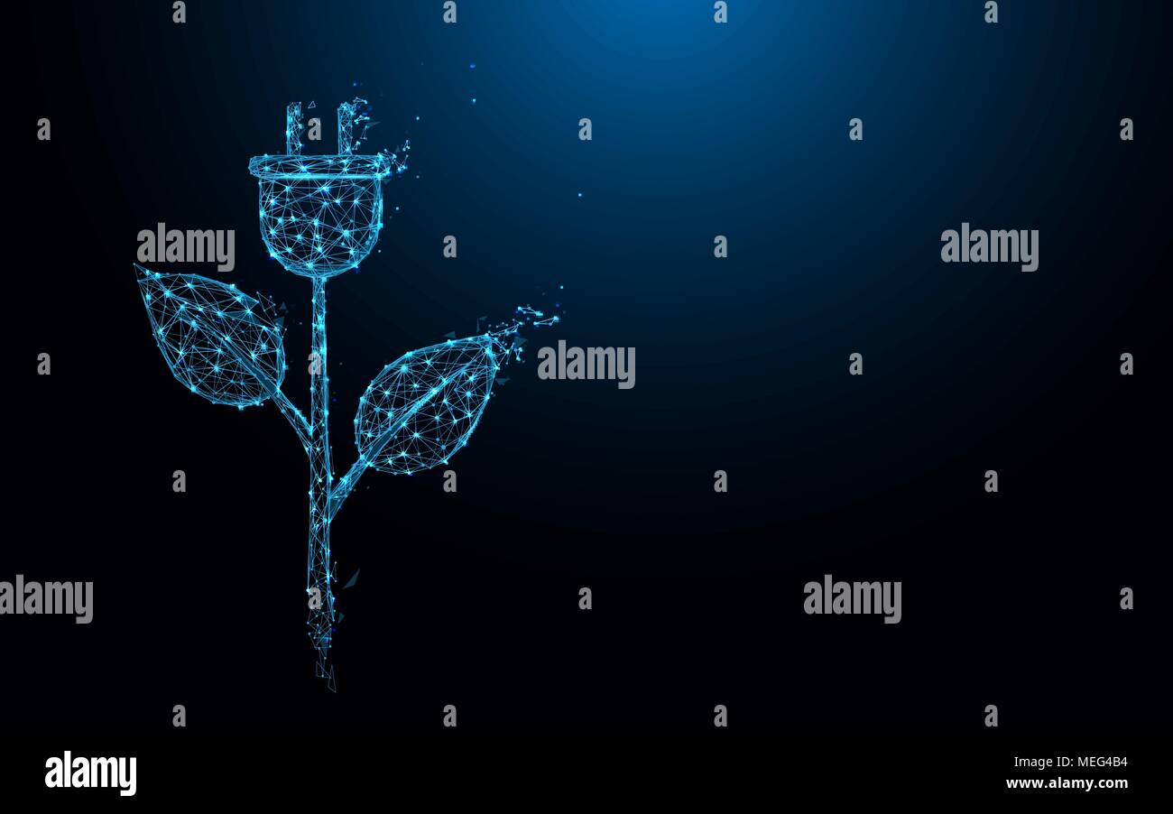 Ecology icon with electric plug and leaves form lines and triangles ...