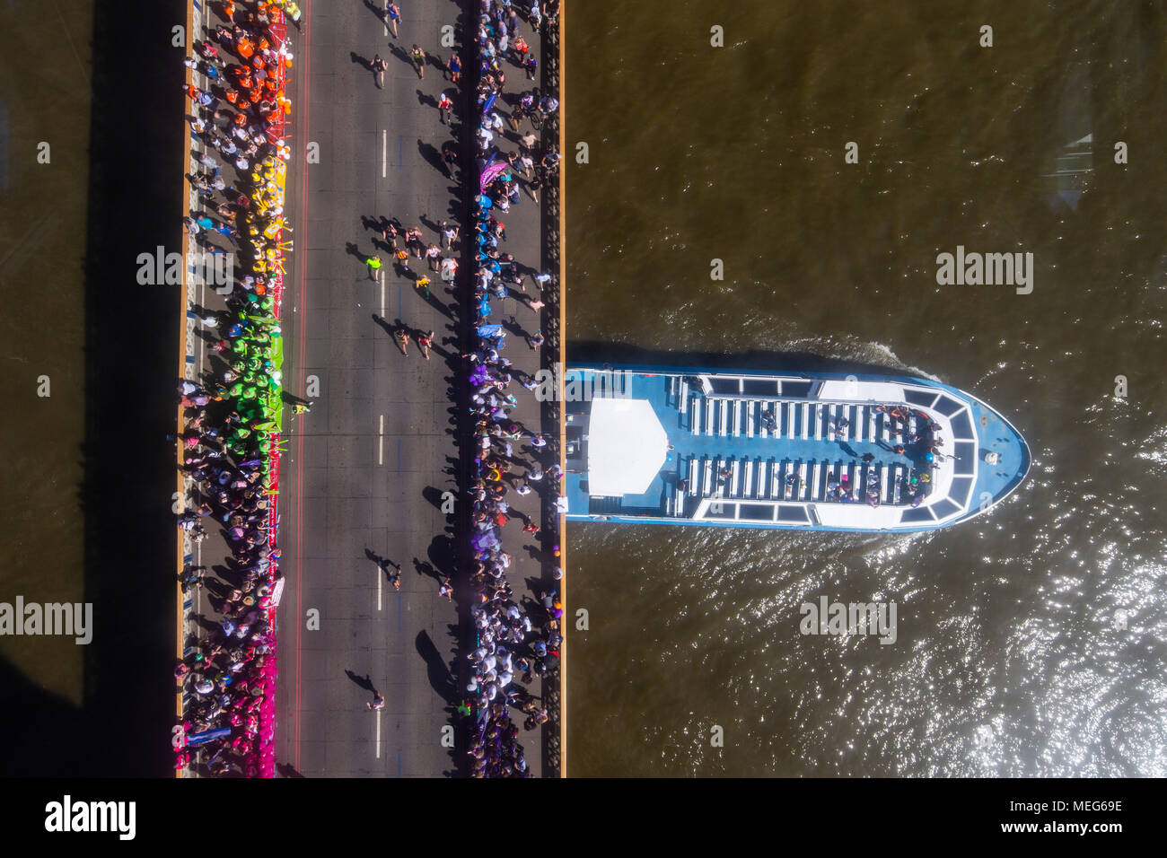 Runners make their way over Tower Bridge during the 2018 Virgin Money