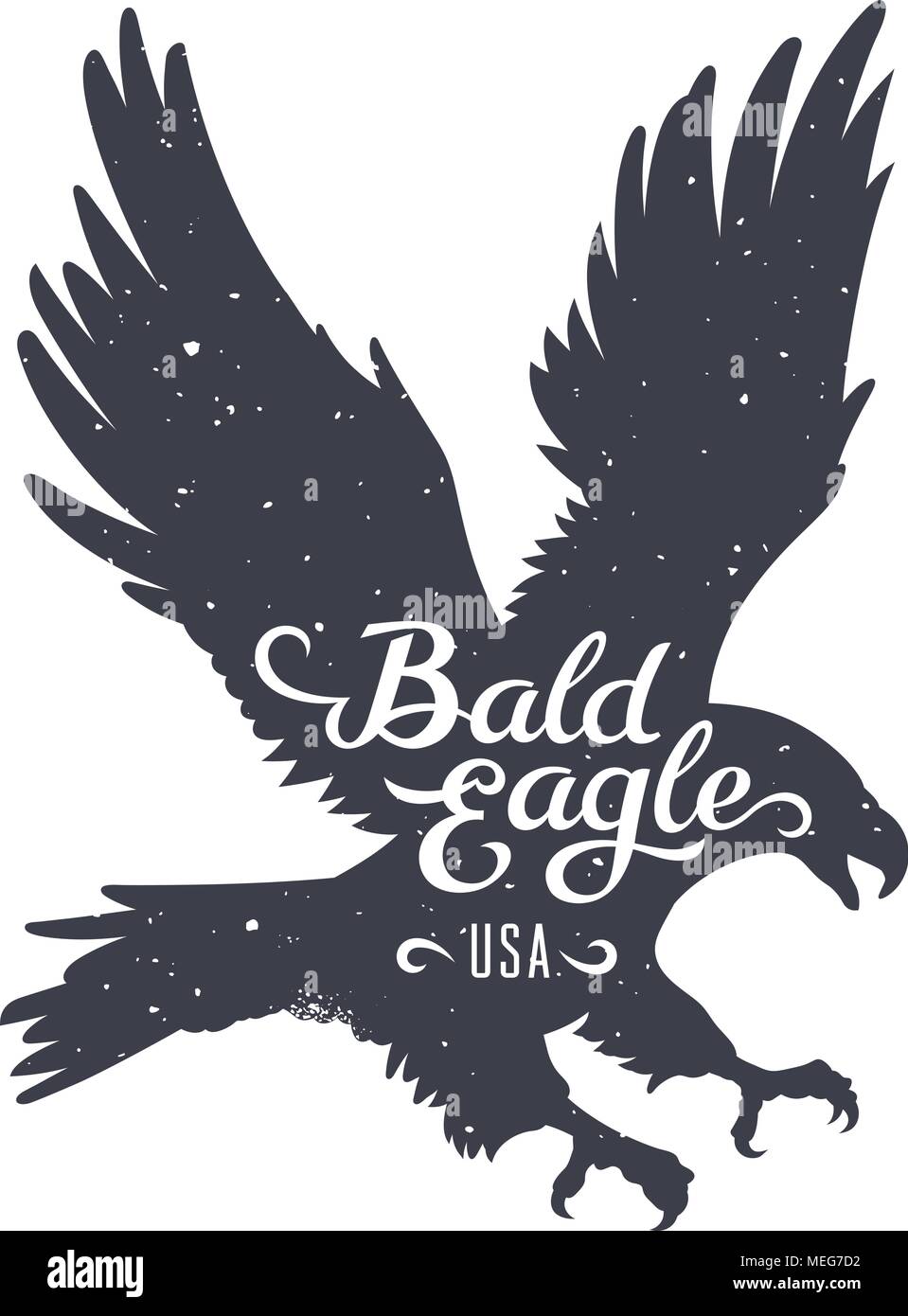Grunge textured Bald Eagle silhouette and handwritten inscription 'Bald Eagle USA' / Vector illustration in hipster style / T-shirt graphics Stock Vector