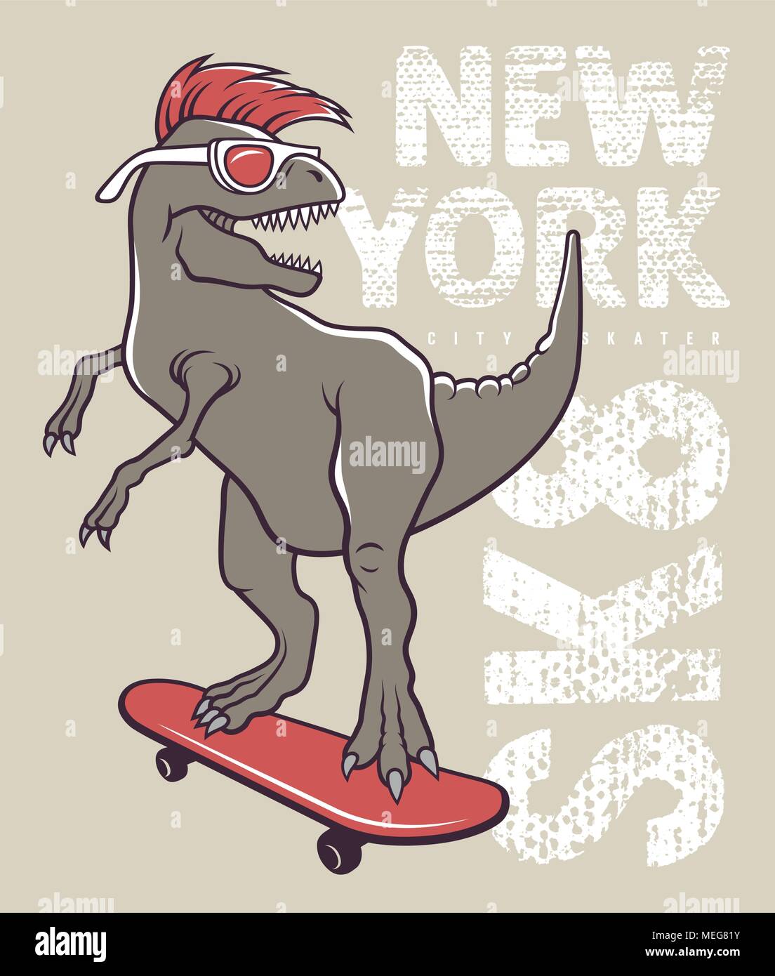 Dinosaur riding on skateboard. Vector illustration of a funny tyrannosaur with sunglasses. Skateboard typography for t-shirt. Tee graphics Stock Vector
