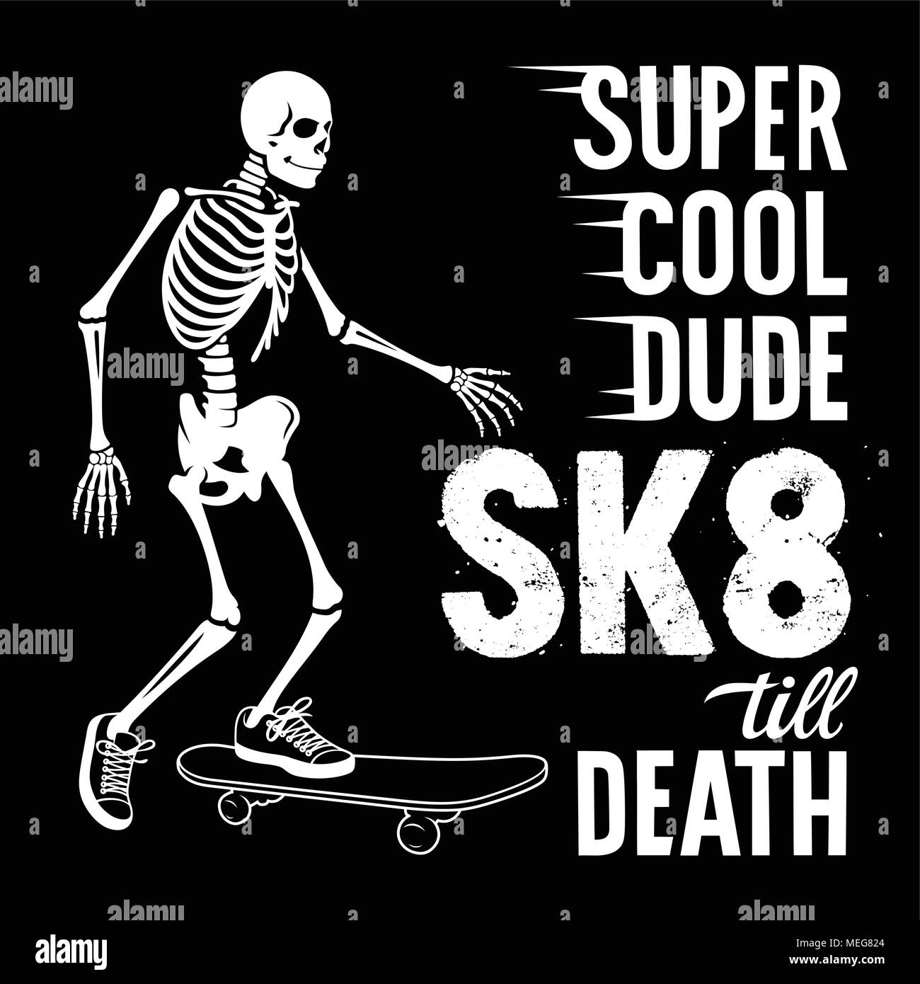 Skateboard t-shirt graphics. Skeleton riding on skateboard. Vector illustration. Skull Tee graphics Stock Vector