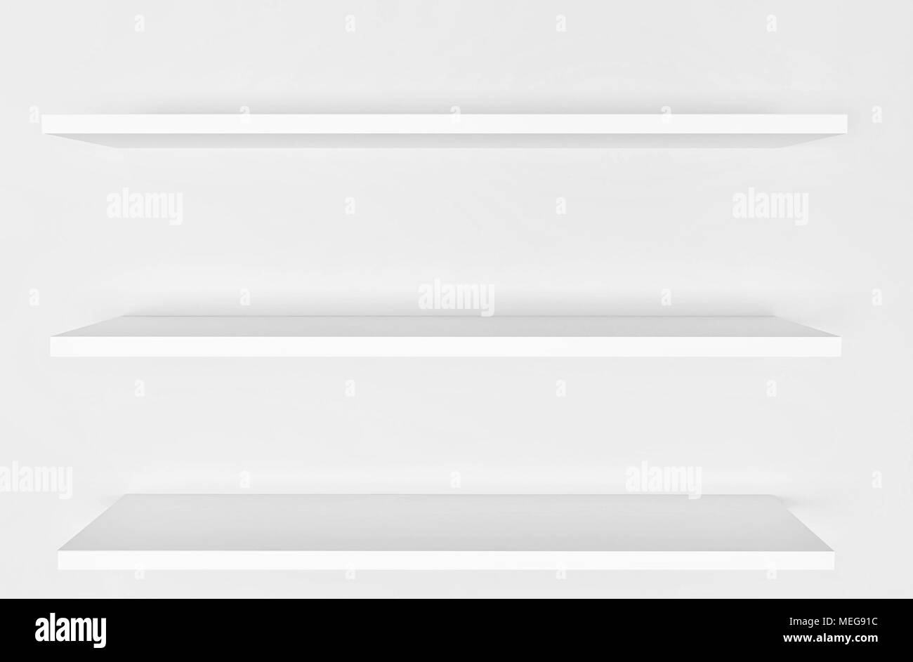 Empty white shelves retail on white background for montage product present Stock Photo