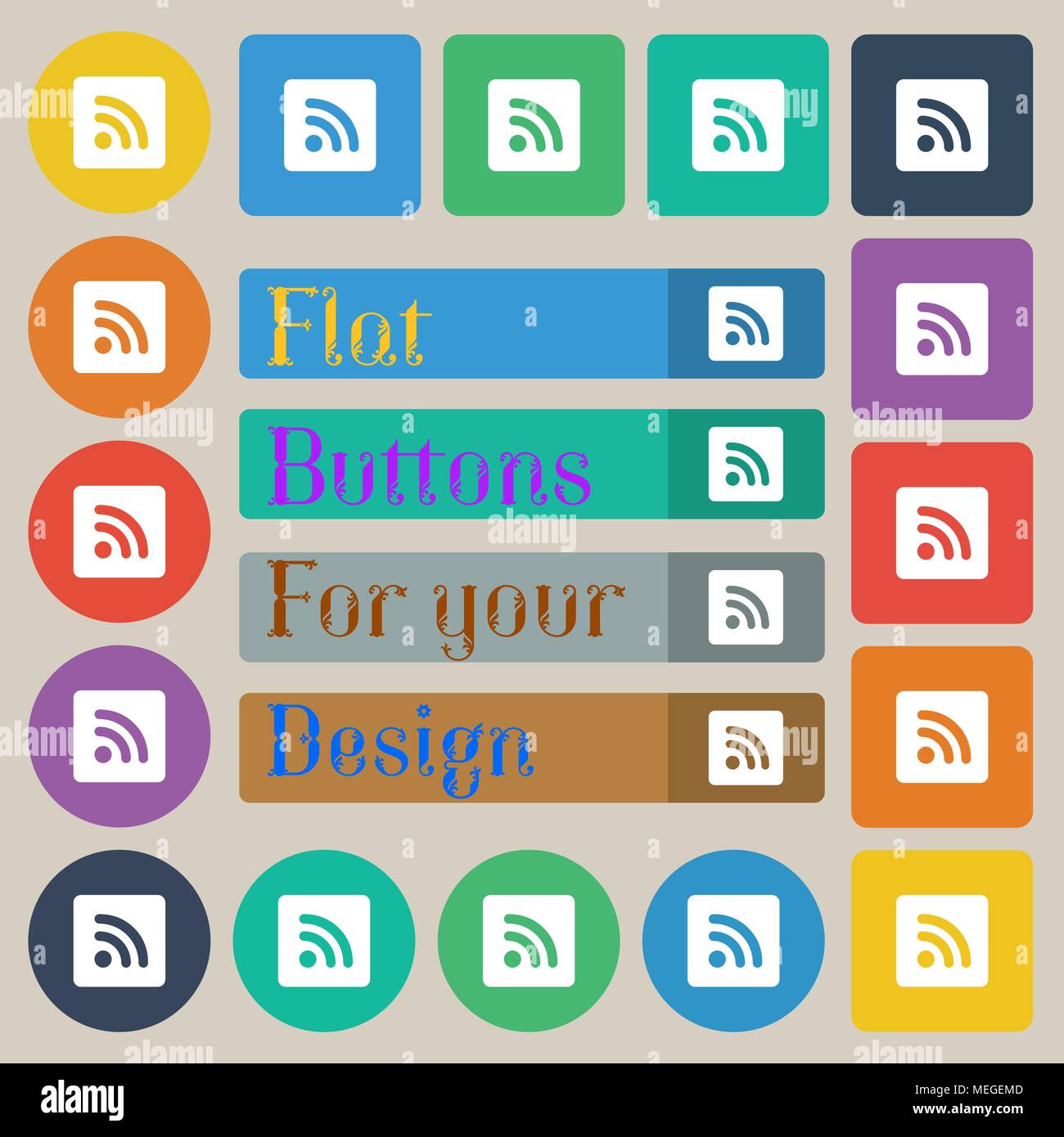 RSS feed icon sign. Set of twenty colored flat, round, square and rectangular buttons. Vector illustration Stock Vector