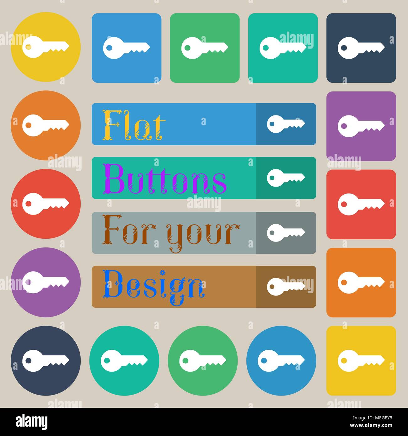 key icon sign. Set of twenty colored flat, round, square and ...