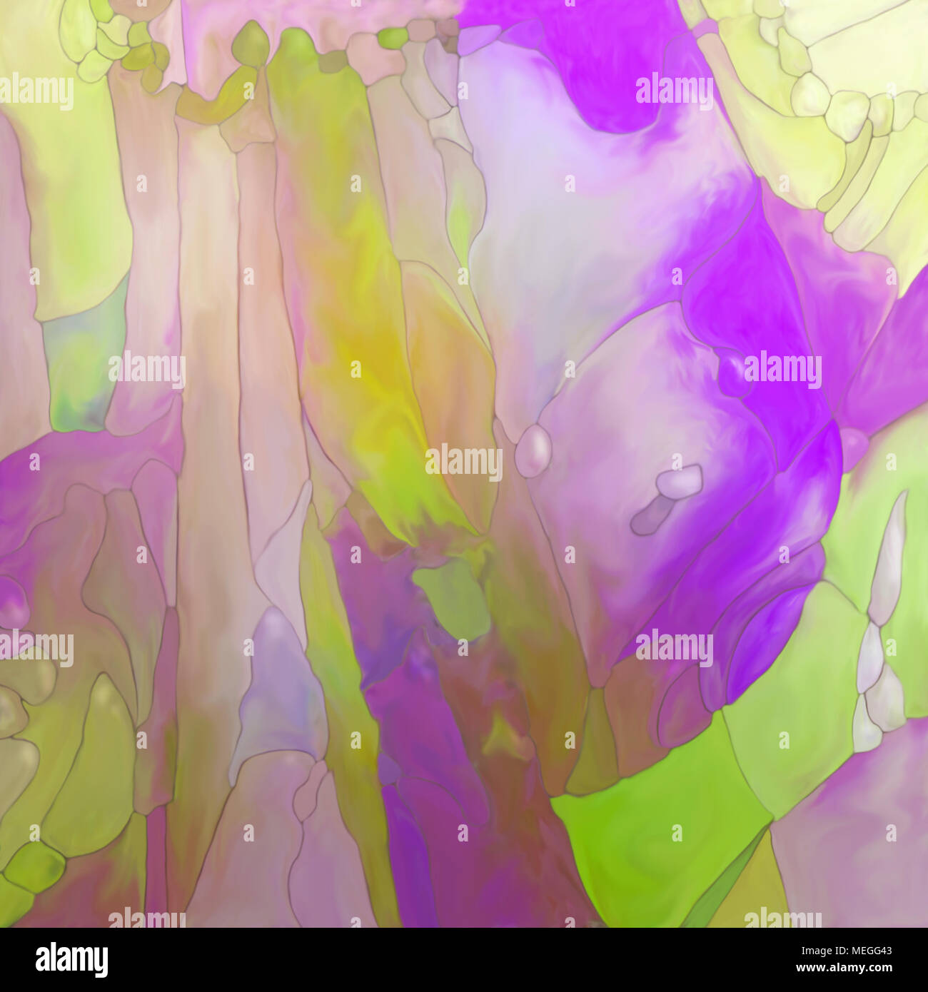 Abstract digital painted fantasy figure landscape or background texture with lines and fields in purple and green Stock Photo