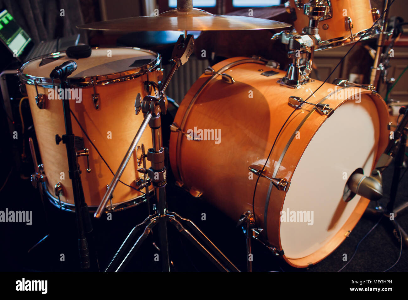 Modern Drum Set On Stage Prepared For Playing Loft Stock - 