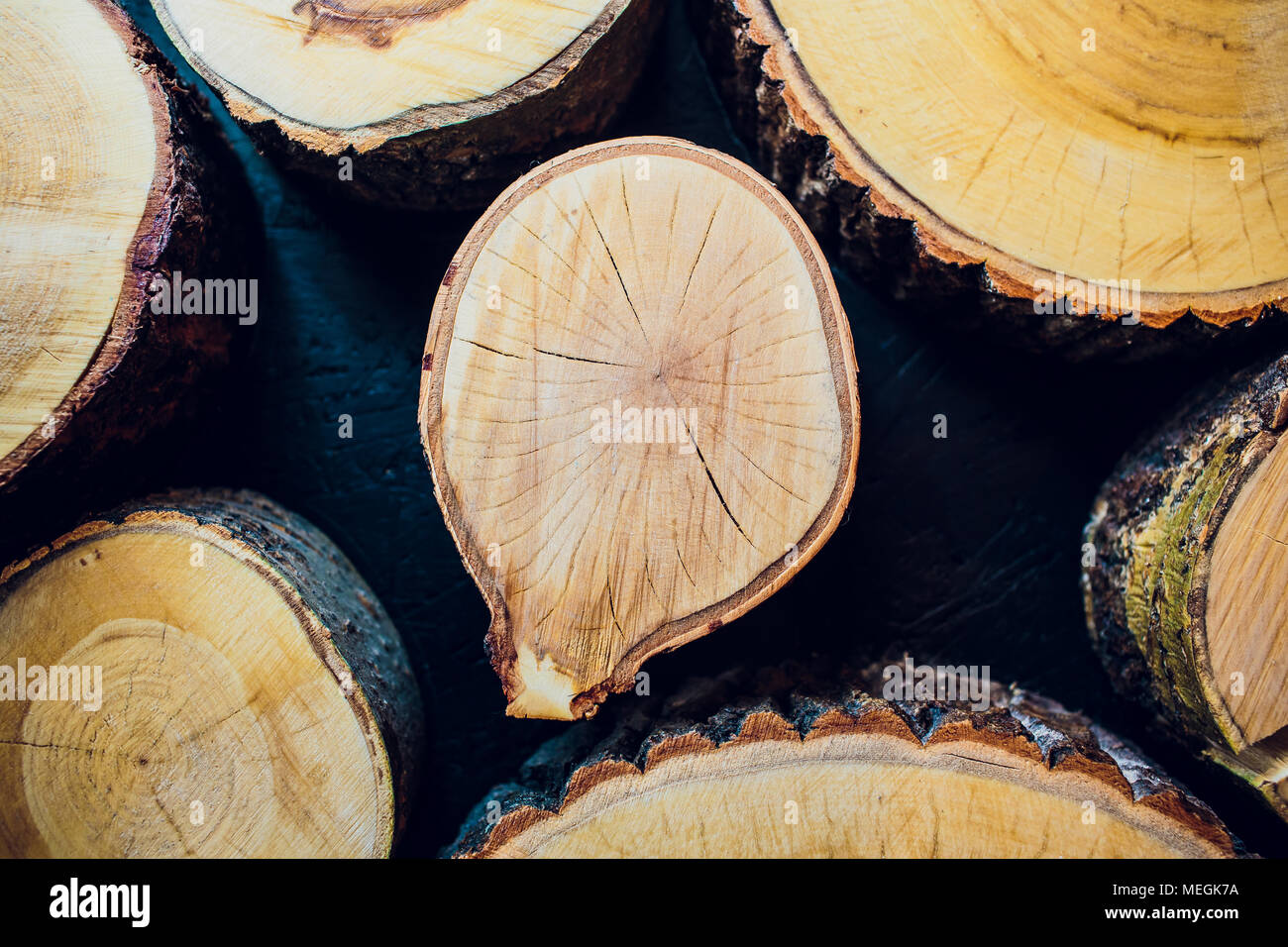 Background of brown wood is cut to stack together. Stock Photo