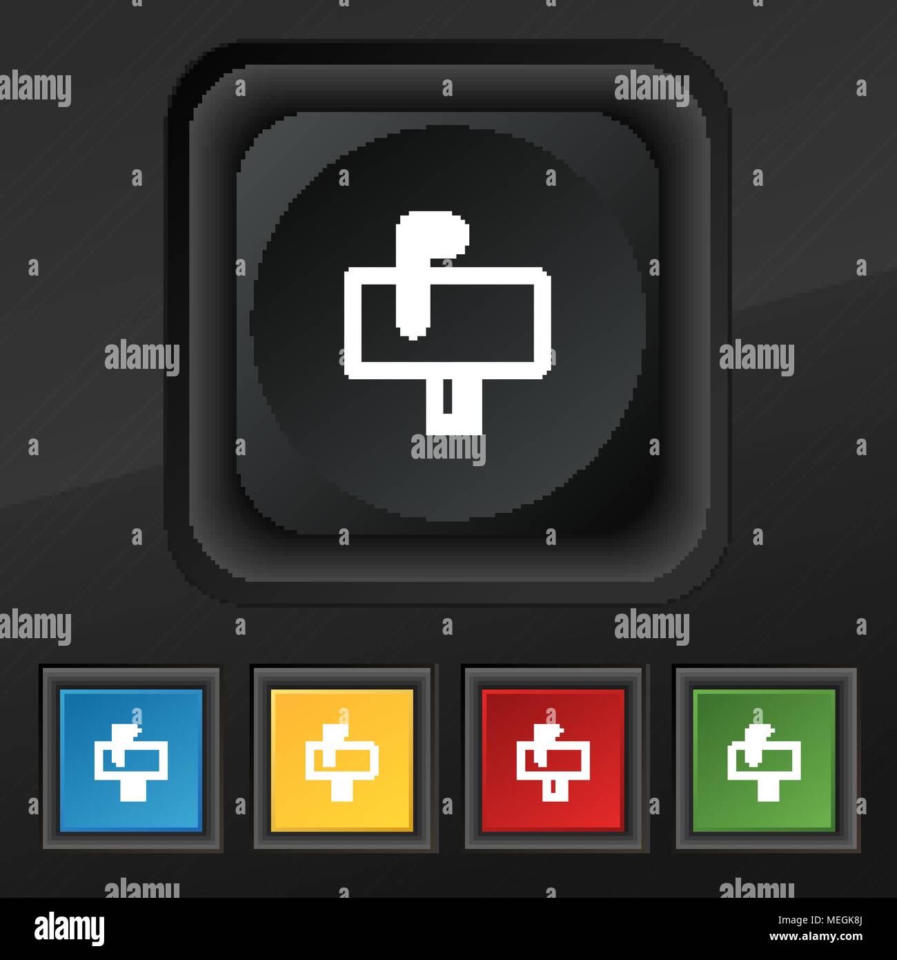 Mailbox icon symbol. Set of five colorful, stylish buttons on black ...