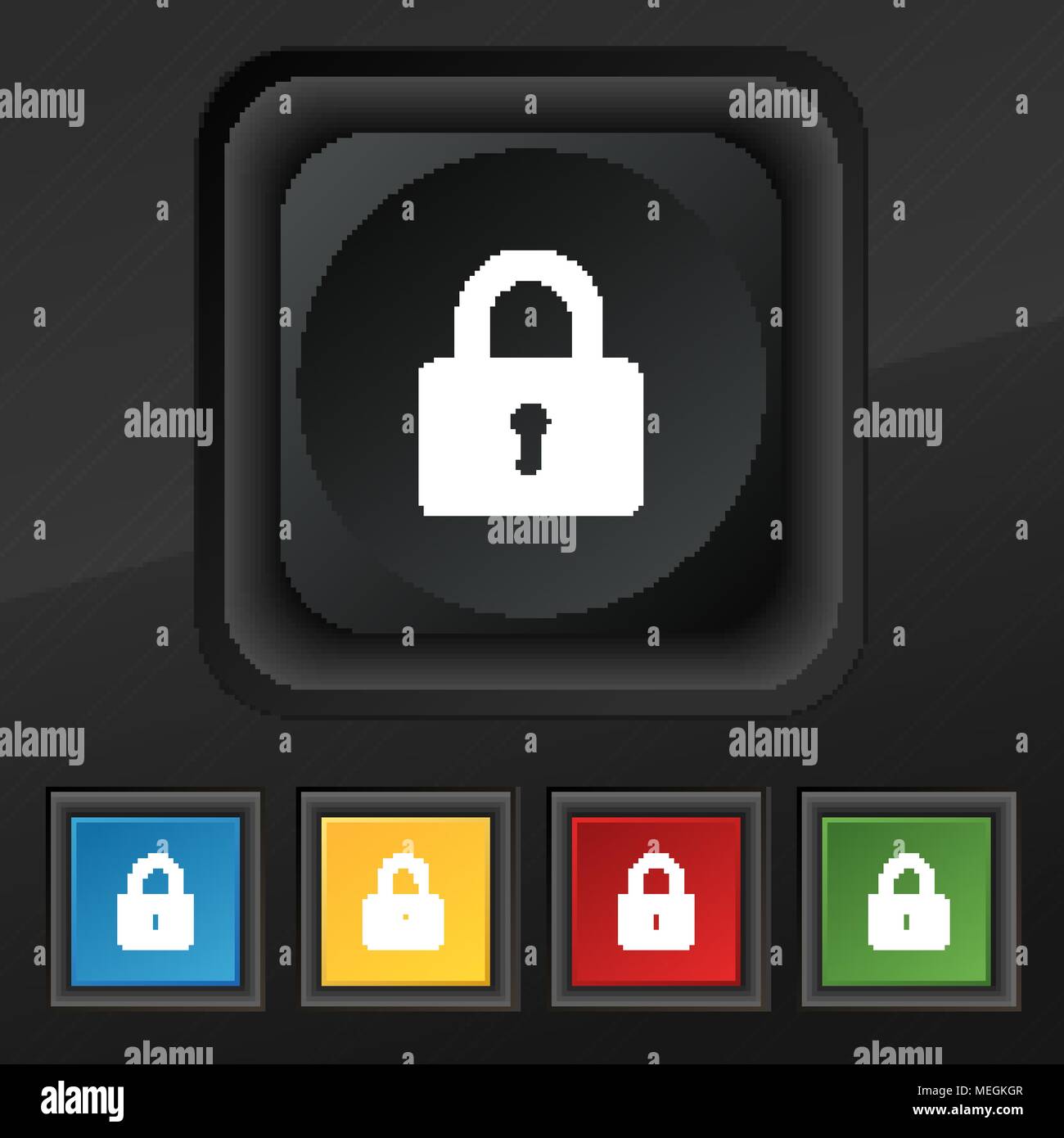 Pad Lock icon symbol. Set of five colorful, stylish buttons on black ...