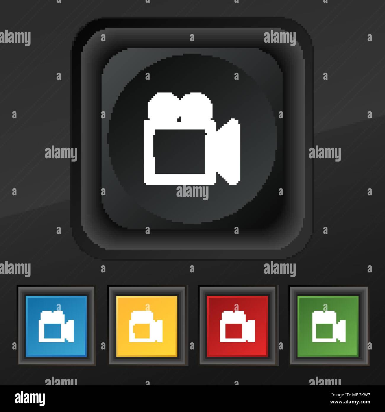camcorder icon symbol. Set of five colorful, stylish buttons on black texture for your design