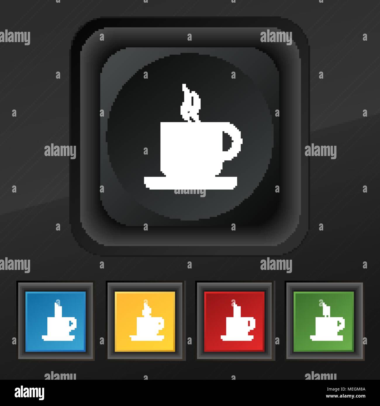 coffee icon symbol. Set of five colorful, stylish buttons on black ...