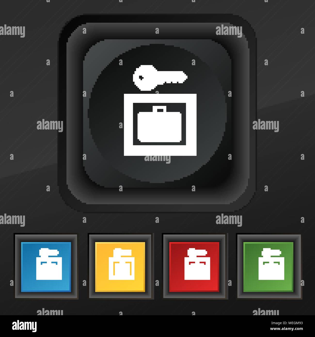 Luggage Storage icon symbol. Set of five colorful, stylish buttons on black texture for your