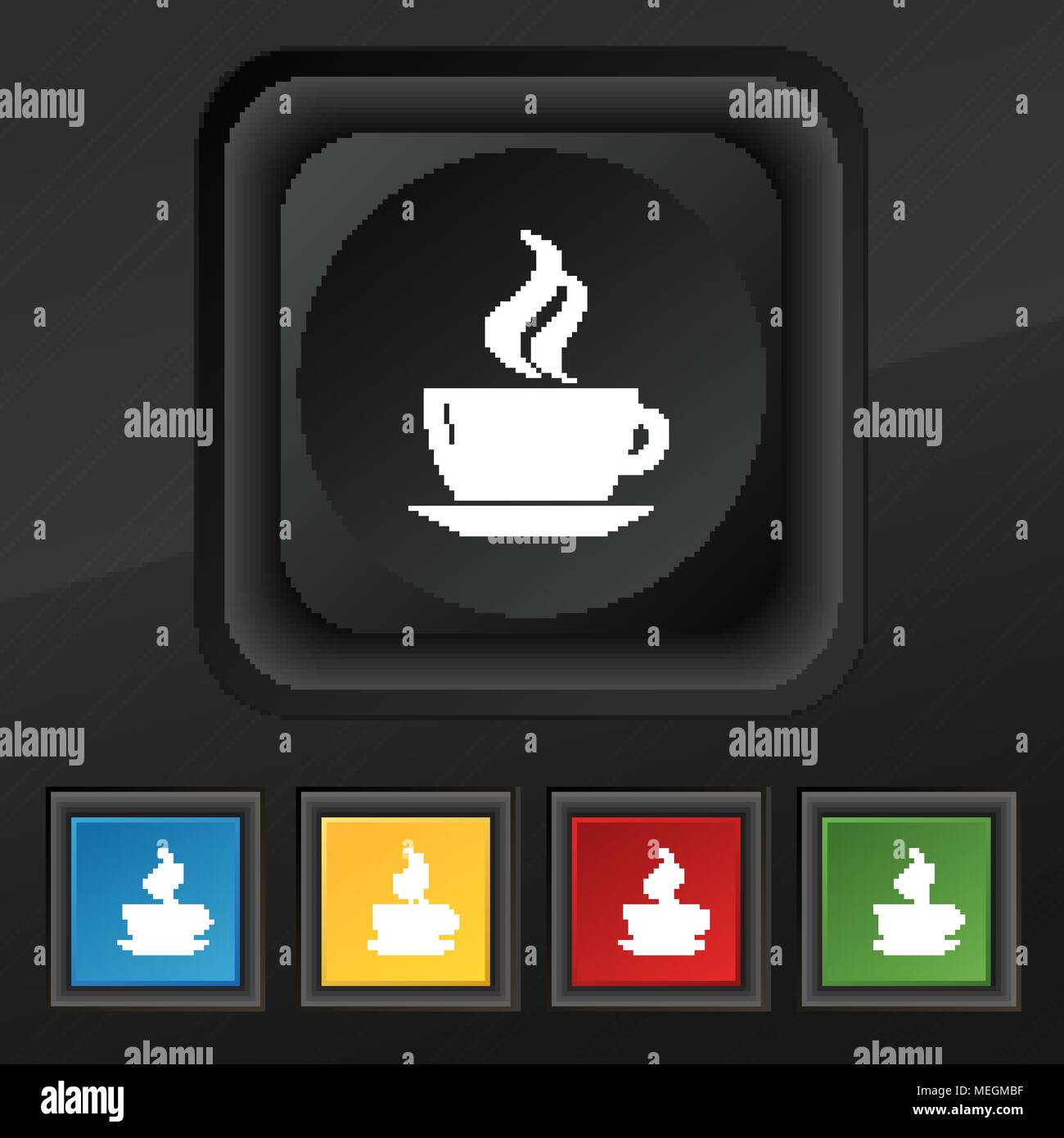 tea, coffee icon symbol. Set of five colorful, stylish buttons on black ...