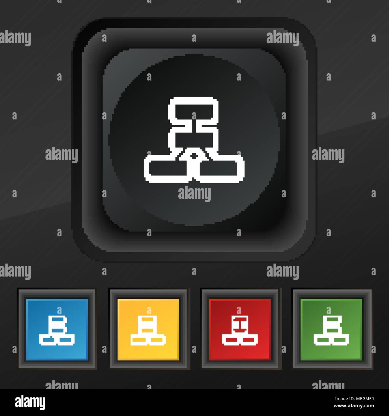 Network icon symbol. Set of five colorful, stylish buttons on black ...