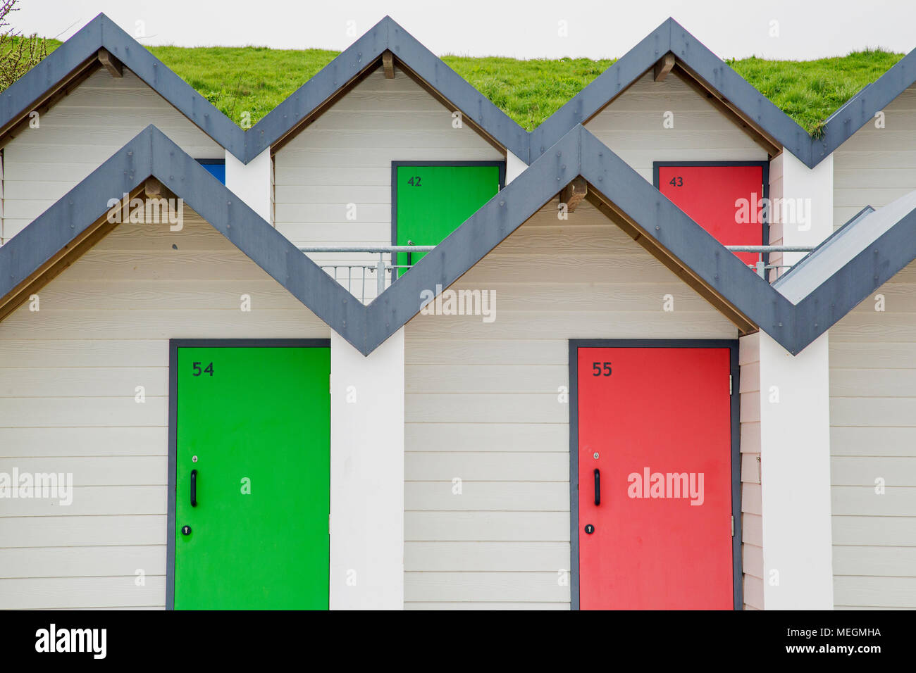 Swanage, Dorset, England, April 2018, a view of colorful beach huts Stock Photo