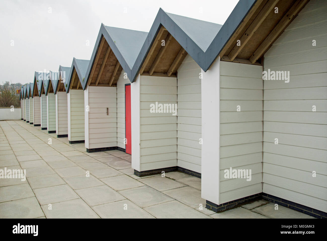 Swanage, Dorset, England, April 2018, a view of colorful beach huts Stock Photo