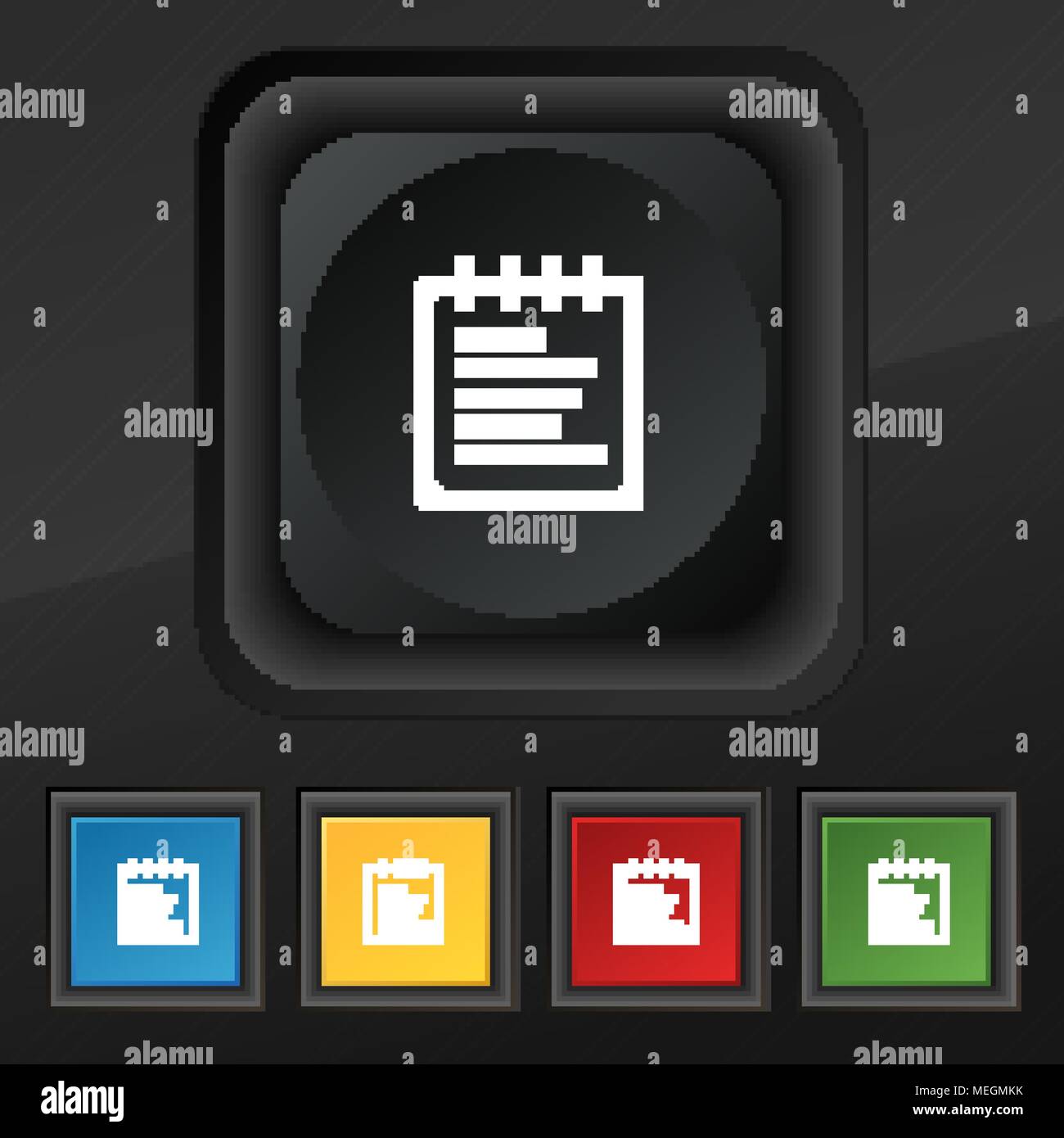 Notepad icon symbol. Set of five colorful, stylish buttons on black ...