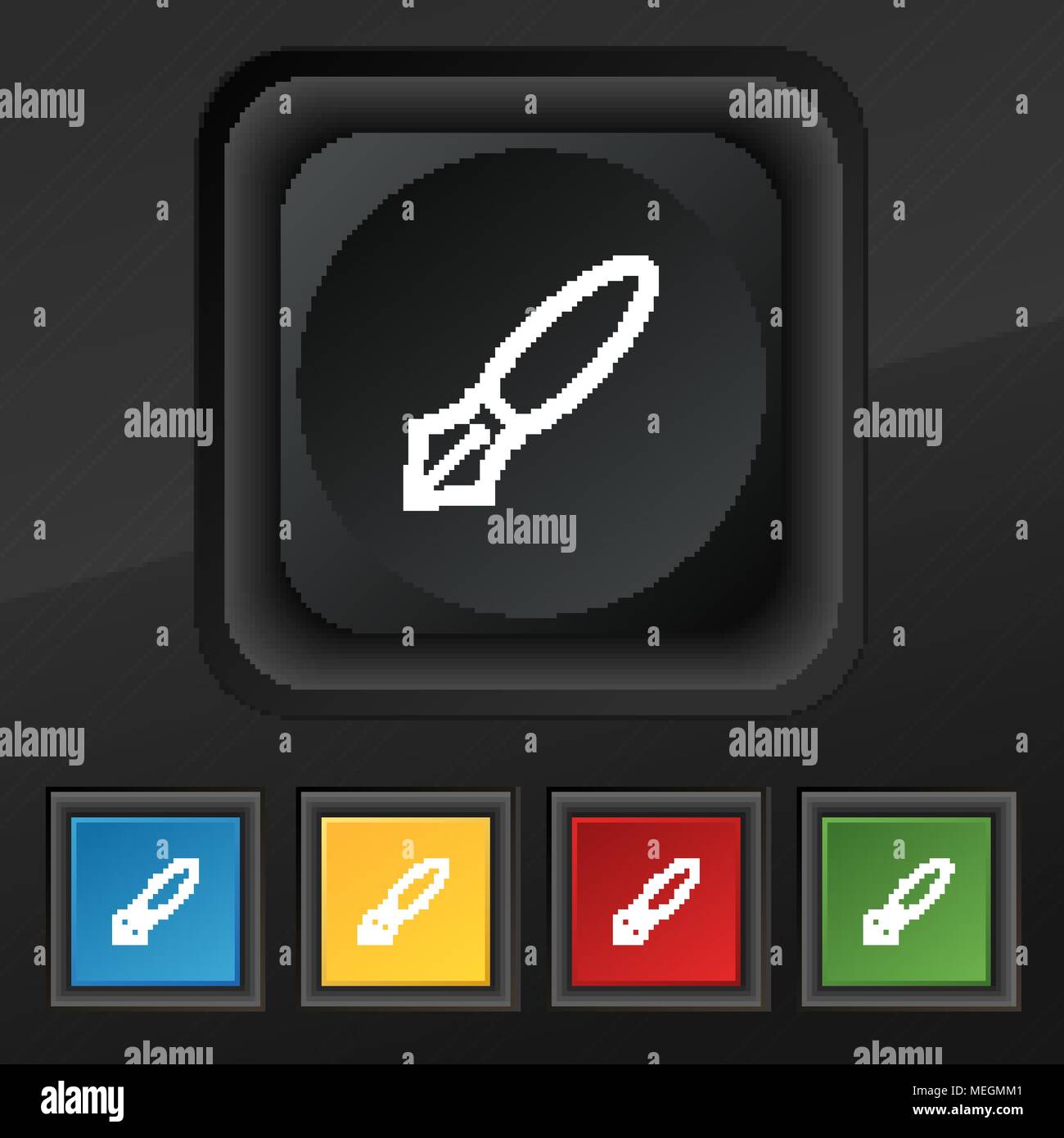 Pen icon symbol. Set of five colorful, stylish buttons on black texture ...