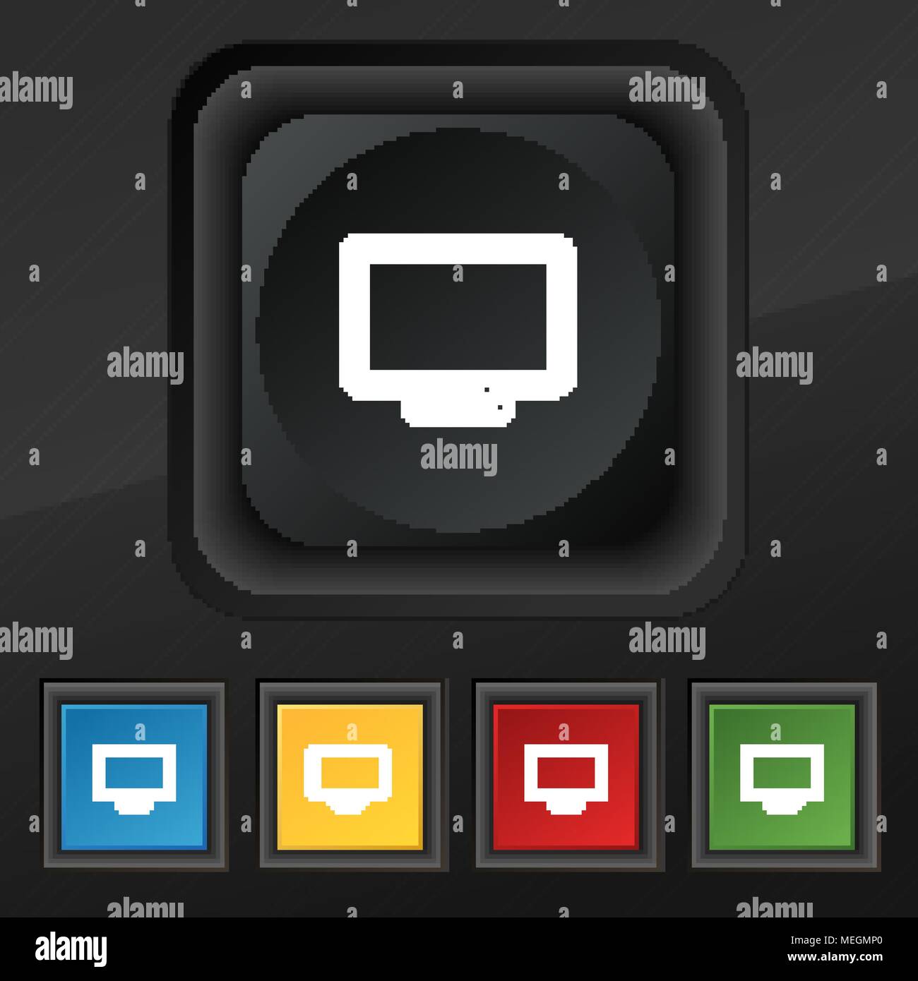 monitor icon symbol. Set of five colorful, stylish buttons on black texture for your design
