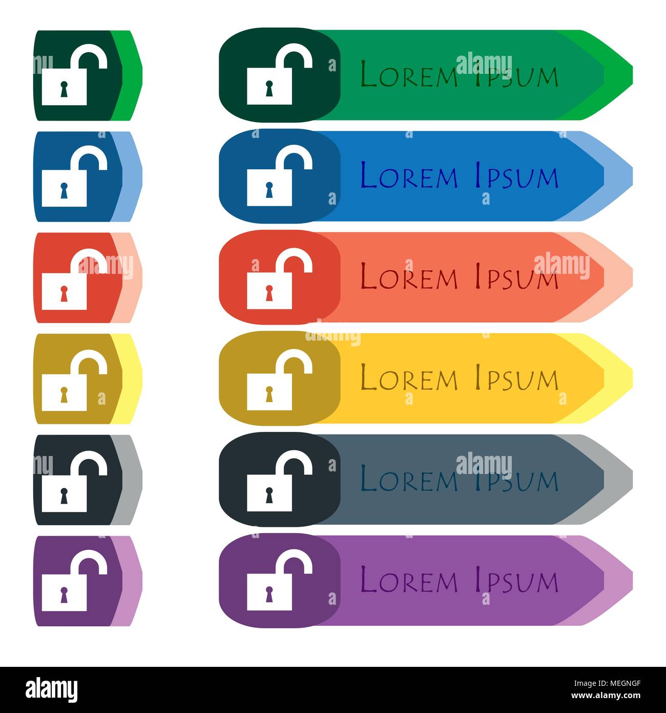open lock icon sign. Set of colorful, bright long buttons with ...