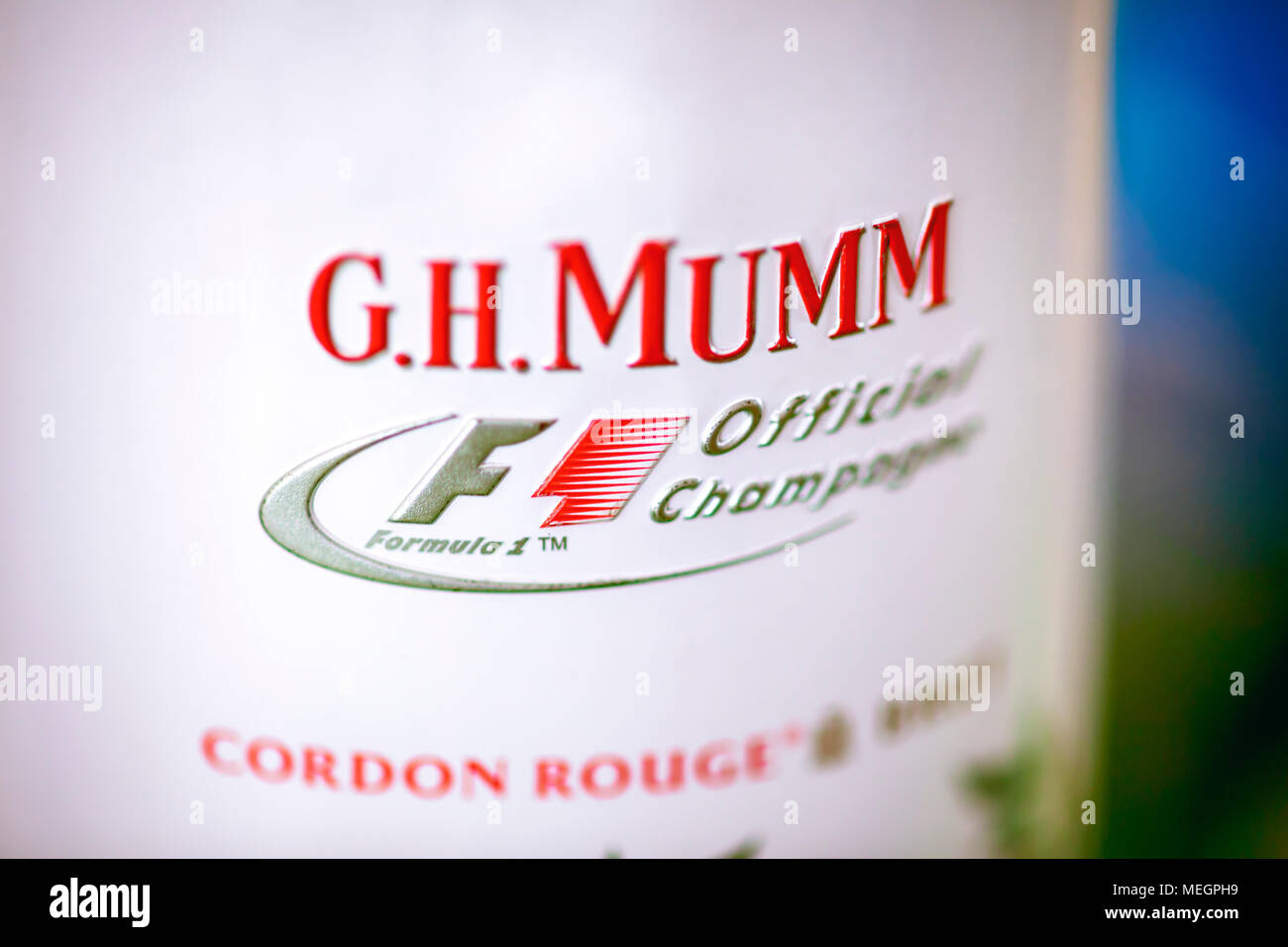 Tambov, Russian Federation - December 27, 2013 Close-up of tin box of G.H. Mumm champagne. Studio shot. Stock Photo
