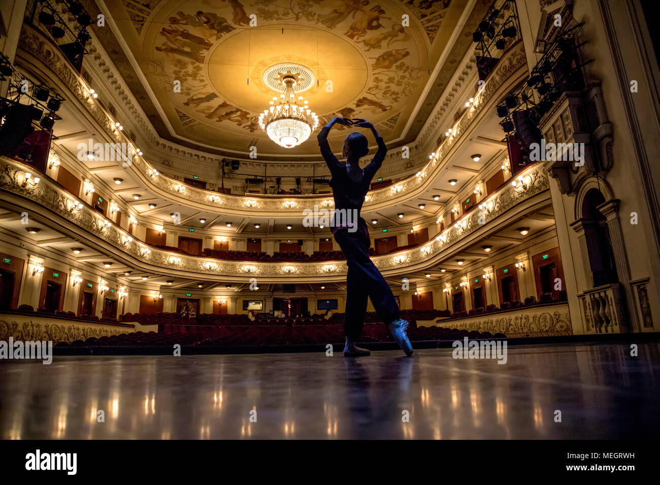 The ballerina rehearses on a stage of the Perm Academic Opera and Ballet Theater in Perm,city Russia Stock Photo