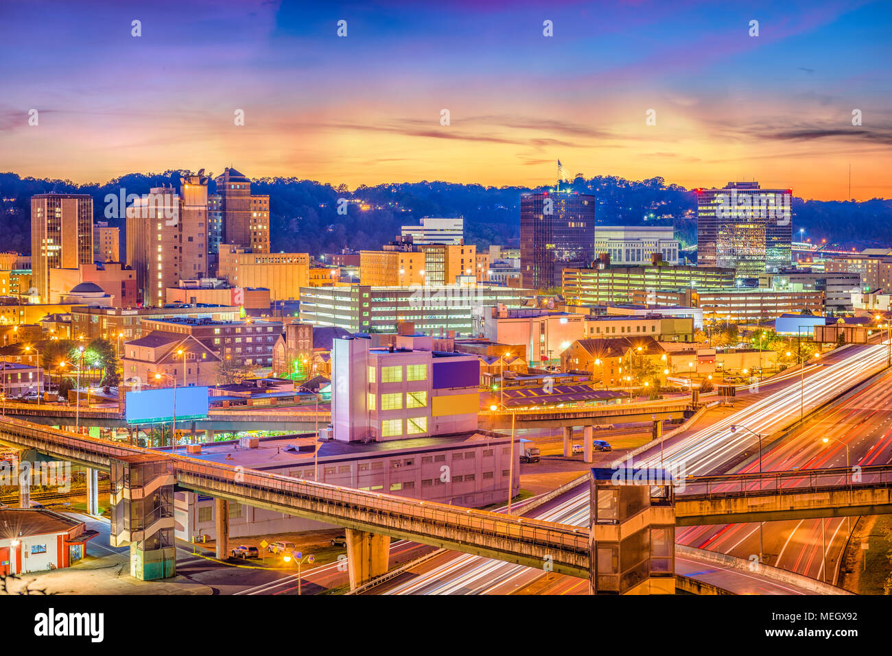 Charleston, West Virginia, USA downtown skyline over the interstate and the river. Stock Photo