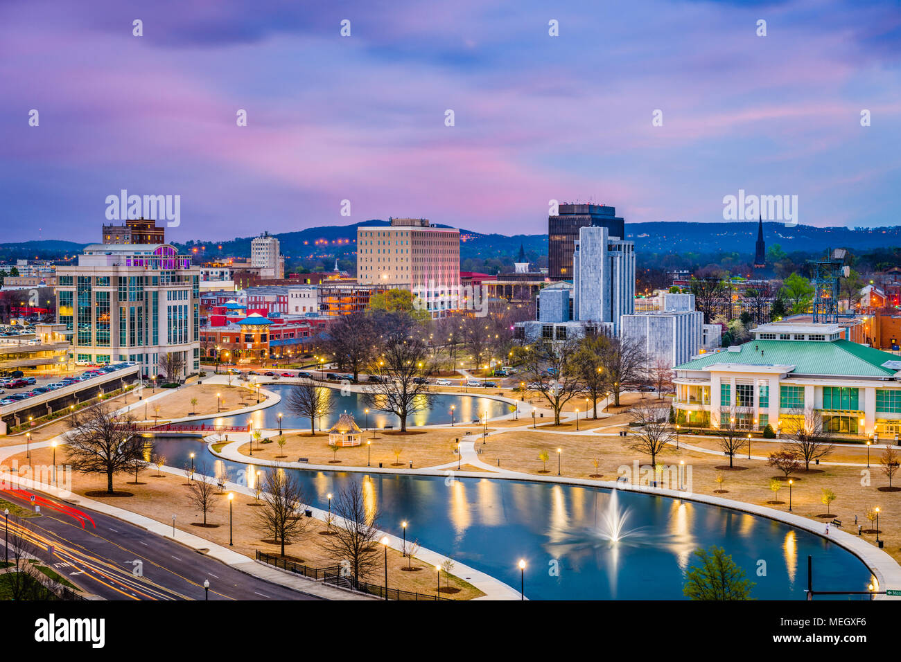 Huntsville, Alabama, USA park and downtown cityscape at twilight. Stock Photo