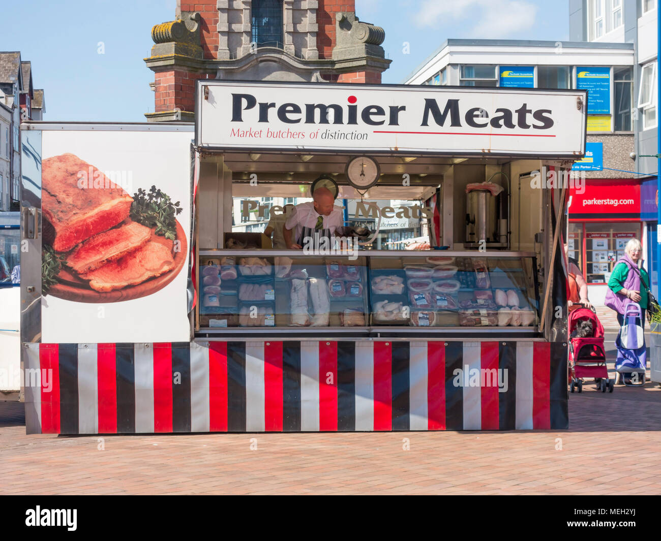 A Premier Meats van offering low price meat products at the weekly market in Redcar Cleveland North Yorkshire England UK Stock Photo