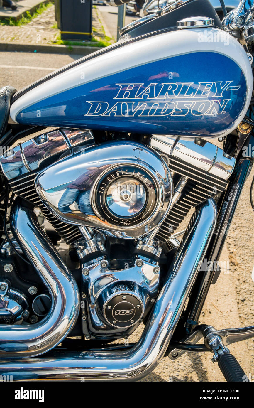 Close up of the twin cylinder engine of a Harley Davdson Low Rider motor cycle with a 103 cubic inch engine in Helmsley Market Place, North Yorkshire  Stock Photo