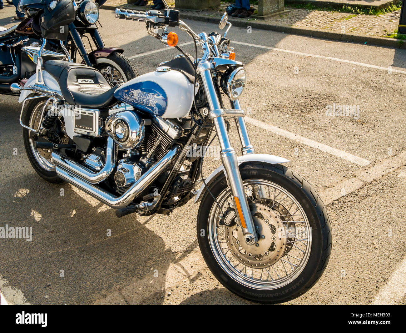 A Harley Davdson Low Rider motor cycle with a 103 cubic inch engine parked  in Helmsley Market Place North Yorkshire England Stock Photo