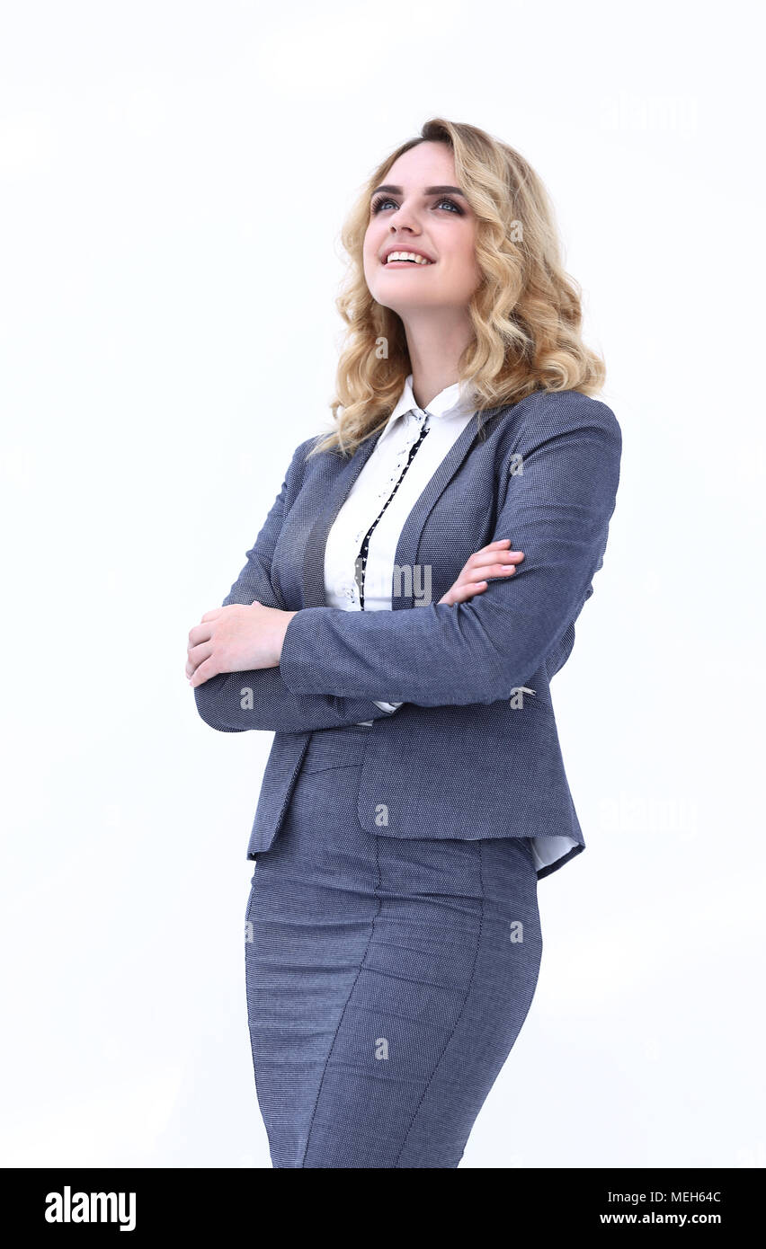 happy business woman looking on copy space Stock Photo - Alamy