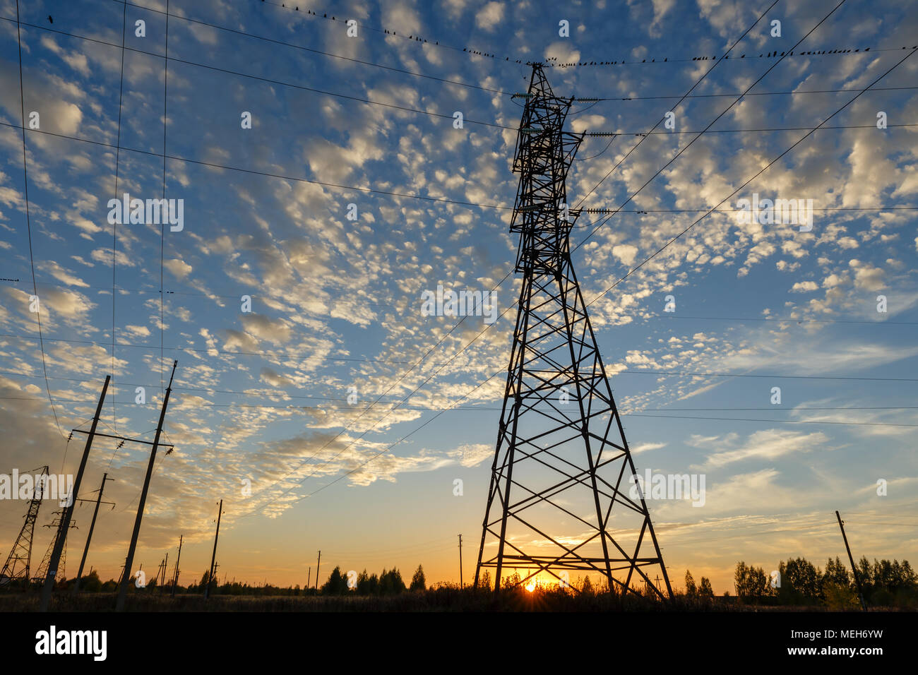 High voltage power line supports at sunset Stock Photo