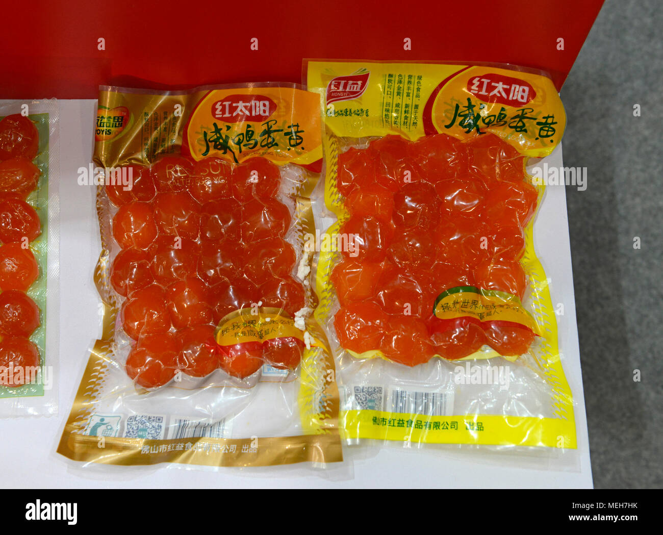 Vacuum packed thousand year old eggs on show at the China International