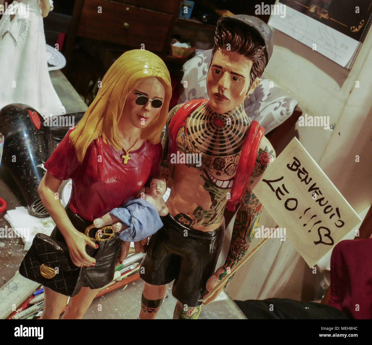 Genny Di Virgilio has created figurines of the rapper Fedez and the blogger  Chiara Ferragni with their baby Leone in her arms Featuring: Atmosphere  Where: Naples, Italy When: 20 Mar 2016 Credit: