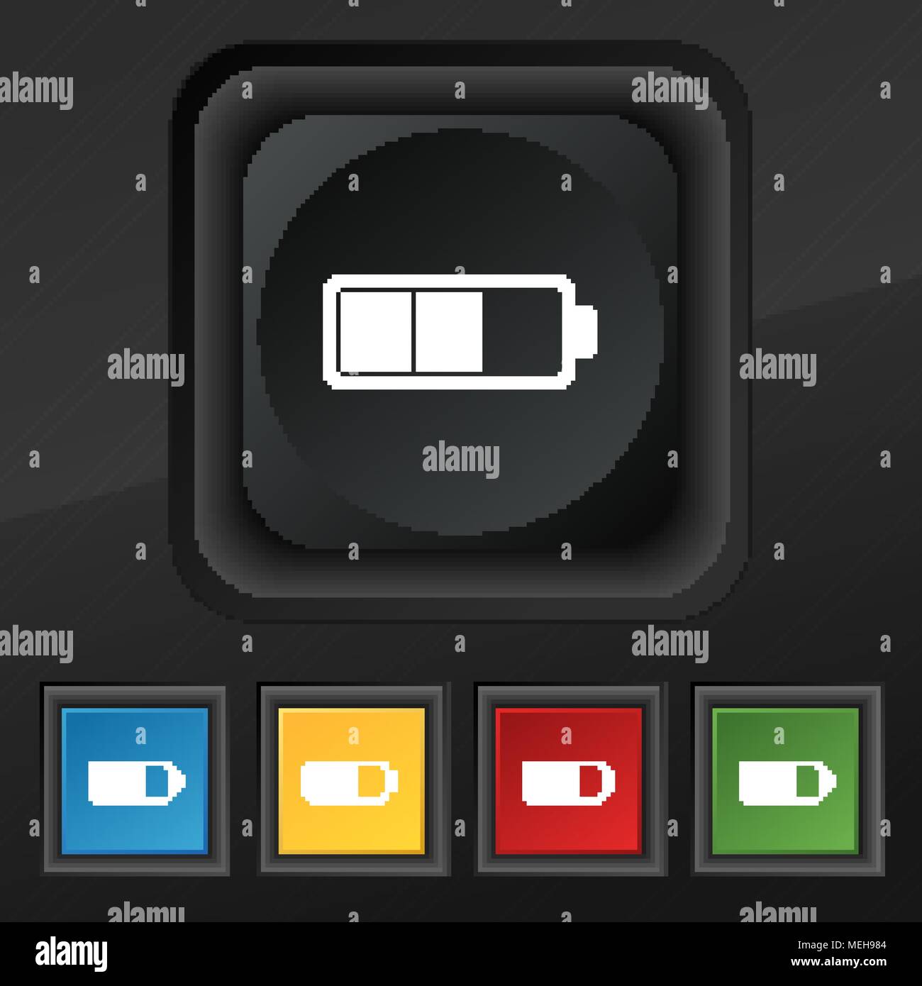 Battery half icon symbol. Set of five colorful, stylish buttons on ...